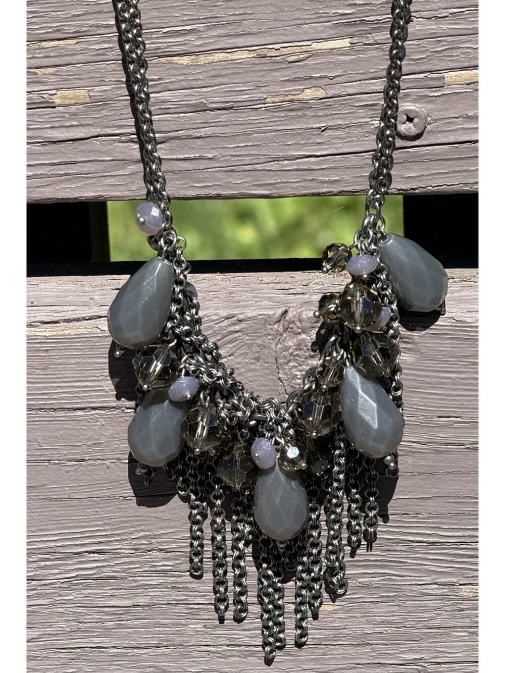 Lia Sophia Black Faceted Bead Fringe Statement Necklace Gunmetal Crystal Bib
